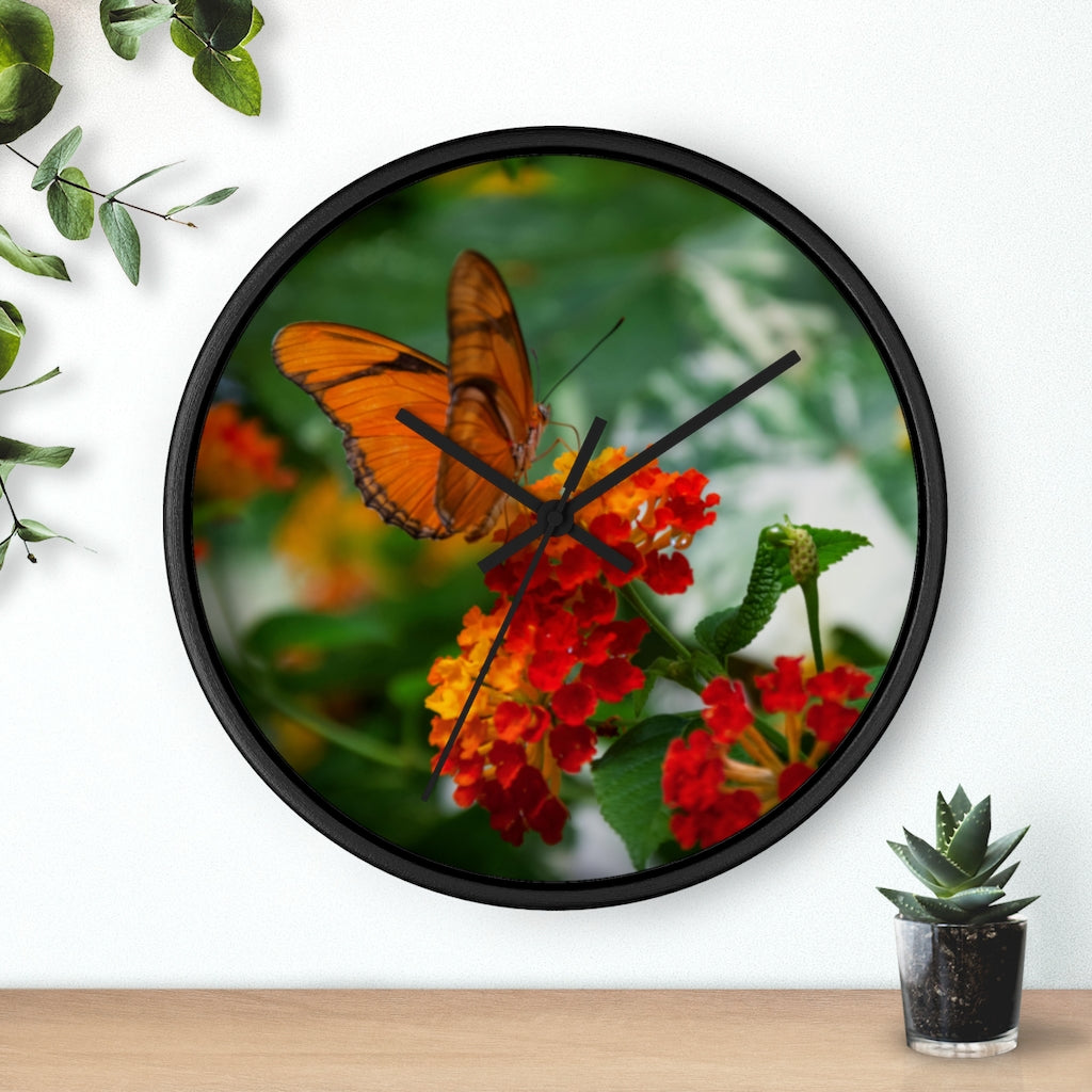 Orange Butterfly on Orange Flora | Wall Clock